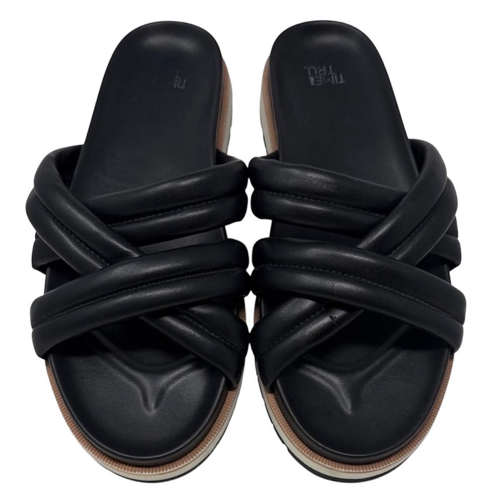 Time & Tru Black Cross Strap Puffy Quilted Slide Sandals Size 9